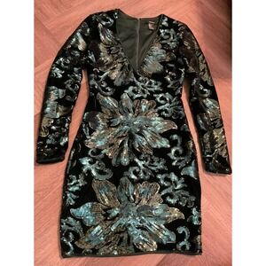 Damask Dress Womens Small Emerald Green Baroque Brocade Velvet Sequin‎ Party